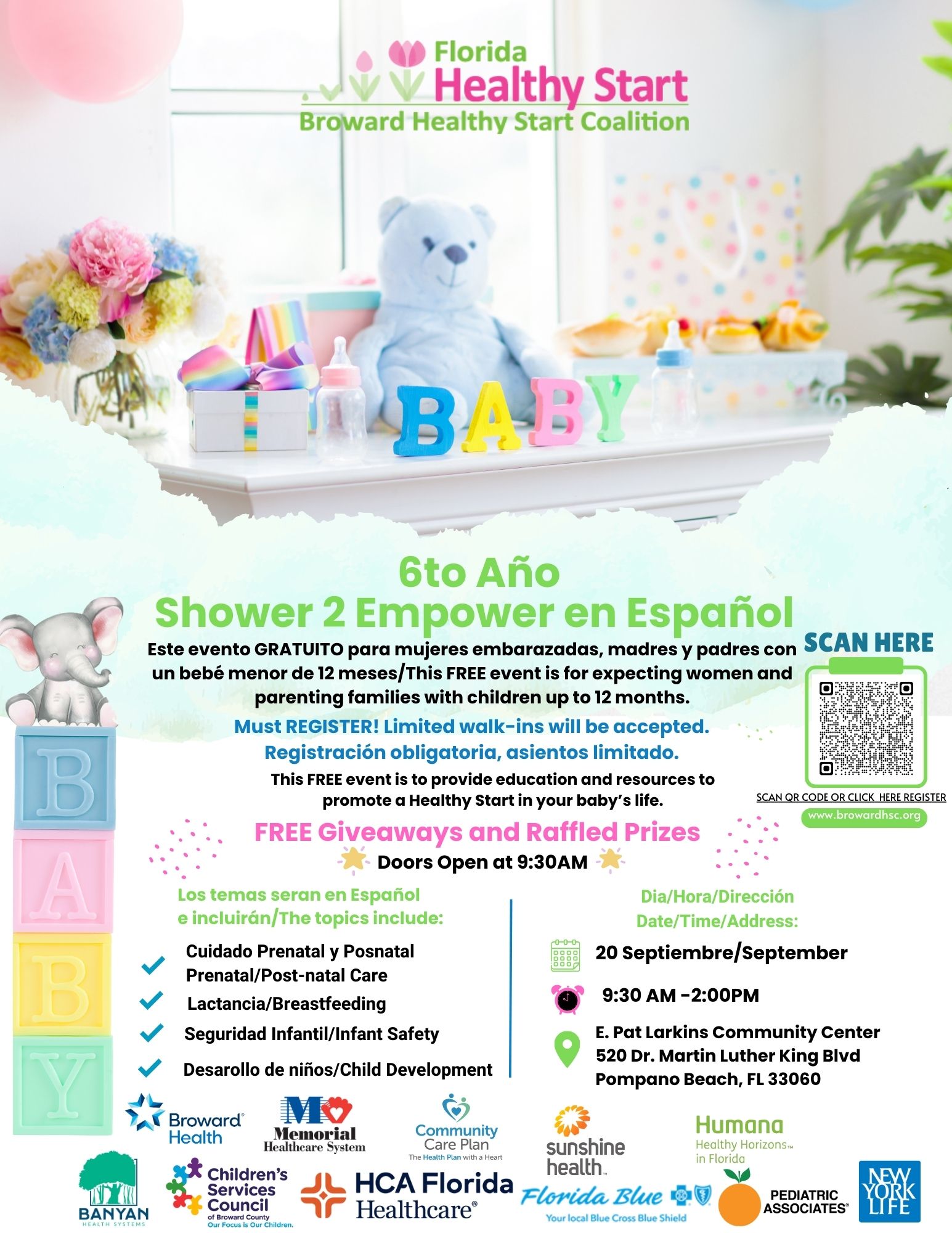 Baby Shower Invitation with a teddy bear and pastel-colored decorations.