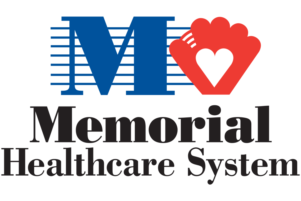 Memorial Healthcare System Logo Blu and Black letters with a red baseball glove