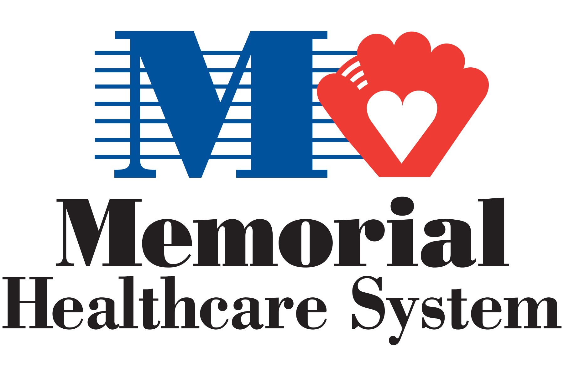 Memorial Healthcare System Logo Blu and Black letters with a red baseball glove