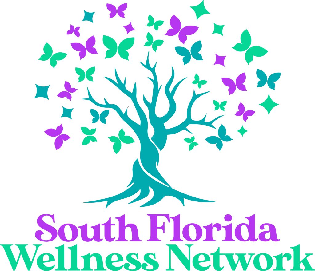 South Florida Welness Network logo blue tree with purple butterflies